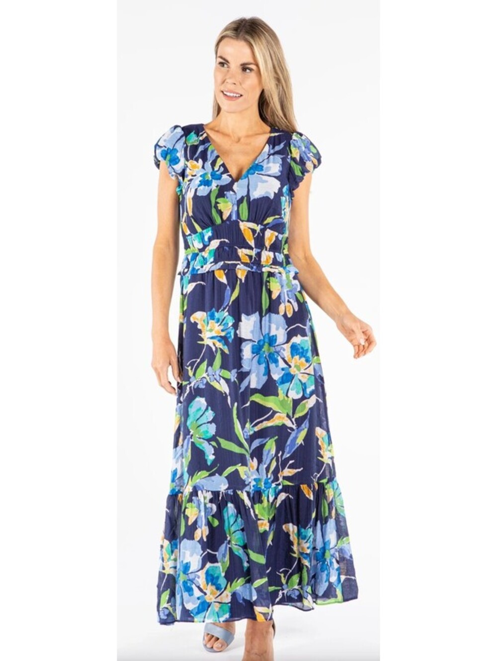London Times V-Neck Navy Denim Floral Print Dress Women Size 3X